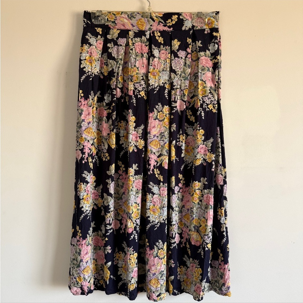 Vintage Floral Navy Midi Petite Skirt with Pink and Yellow Blooms